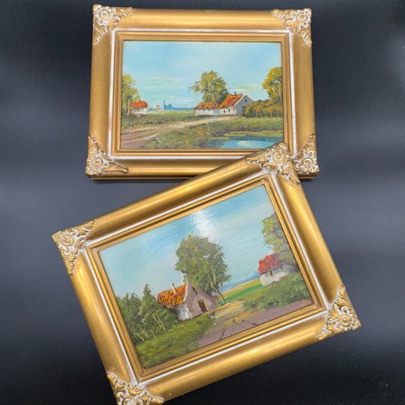 Antique Original Oil Paintings on Board Dutch Landscape by H. Wester Wood Frames - Picture 1 of 11